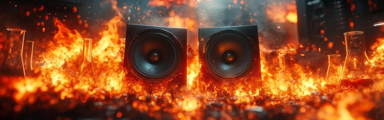 Burning speakers with flames and smoke in a dramatic, energetic scene