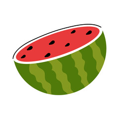 Vibrant watermelon half with red flesh and black seeds on a white background