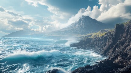 Fototapeta premium Dramatic coastal landscape with a volcano backdrop.
