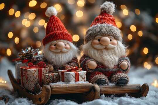 Two Santa Clauses on small wooden sleighs with gifts. Christmas greeting card with Santa Claus. Festive decoration. New Year. Selective focus. Cute funny gnomes, decorated for Christmas