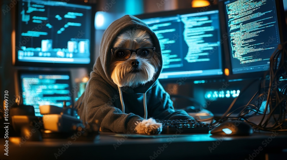 Leinwandbilder A small dog, dressed in a hoodie and glasses, focuses intently on the keyboard while sitting at a computer desk cluttered with glowing monitors displaying lines of code during nighttime.