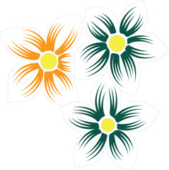 three flowers with green and orange petals