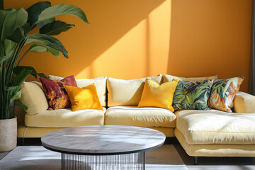 modern living room with vibrant yellow walls and comfortable beige sofa decorated with colorful pillows