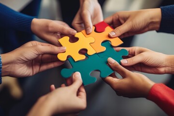 Collaboration between diverse corporate office workers in the process of working off a jigsaw puzzle together. Teamwork concept in business. Unity and synergy in a business concept through jigsaw