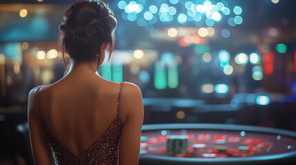 female blackjack dealer, dressed elegantly, stands poised at an empty casino table. Her confident demeanor and alluring presence symbolize excitement and the allure of high-stakes gambling