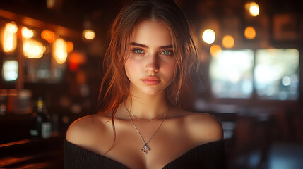 female blackjack dealer, dressed elegantly, stands poised at an empty casino table. Her confident demeanor and alluring presence symbolize excitement and the allure of high-stakes gambling