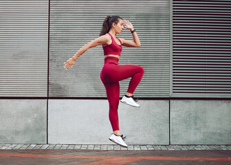 Exercise, profile and stretching with woman in city, outdoor for cardio, training or workout routine. Fitness, running and warm up with sports person in urban town for challenge and competition