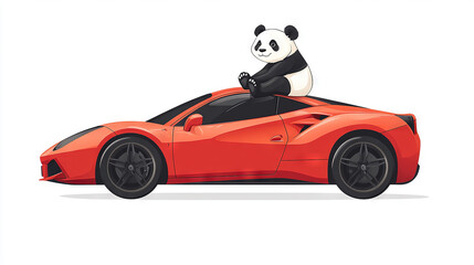 Naklejka premium Red sports car with panda on roof against white background
