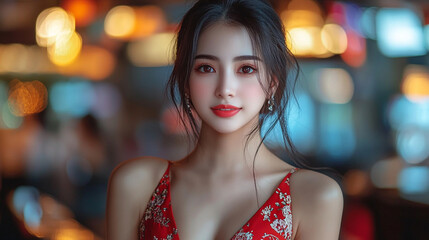 female blackjack dealer, dressed elegantly, stands poised at an empty casino table. Her confident demeanor and alluring presence symbolize excitement and the allure of high-stakes gambling