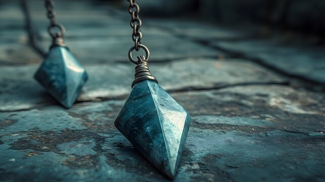 Two pendulums with geometric-shaped turquoise crystals hang gracefully above a stone surface. 