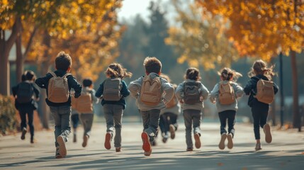 A group of children are running down a street, some of them wearing backpacks