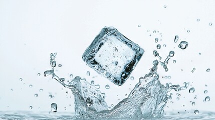   An ice cube floats in water, splashing on the side and dripping with water droplets below