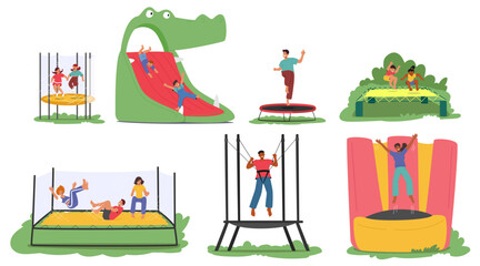 Characters Engaging In Fun Activities On Trampolines And Inflatable Slides Outside. Cartoon Vector Scene