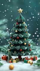 Obraz premium Origami Christmas Tree With Christmas Star In Top Light Snow And Presents, With Copy Space, Christmas Holiday, Holiday Season.