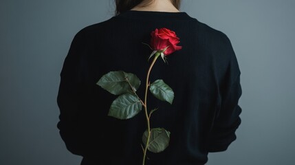 A person holding a single rose behind their back, as though preparing to surprise someone.
