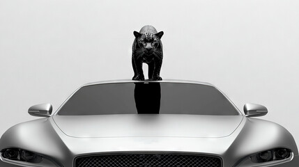   A monochrome snapshot of an automobile adorned with a feline figure atop its windshield