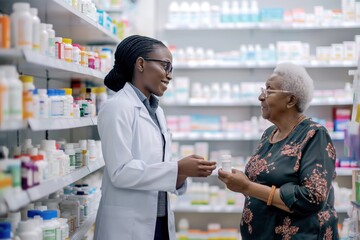Obraz premium Young black pharmacist assists senior woman in pharmacy. Woman chooses medicine with help of pharmacy staff. Pharmacist offers advice on pill selection. African American pharmacist assists client in