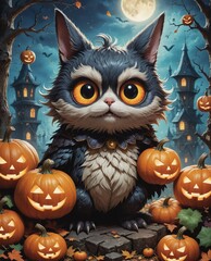 Little monster with pumpkins on Halloween, fun, design, advertising, marketing.