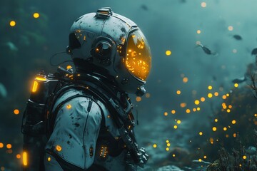 Fototapeta premium A man in a space suit is looking at a fish