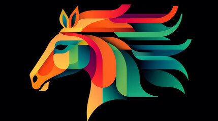 A colorful abstract illustration of a horse's head, with vibrant shades of orange, green, and blue against a black background.