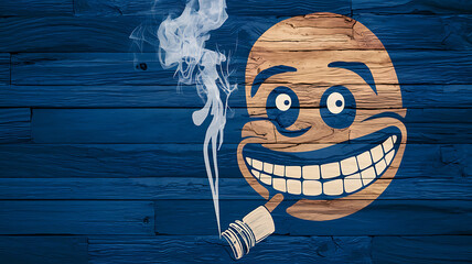 Smiling wooden face with blue eyes on blue wooden background, humorous illustration, fun and quirky, perfect for social media. 
