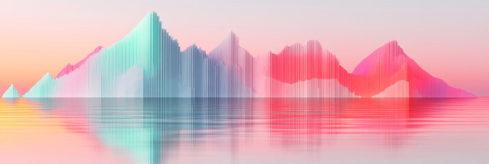 Abstract digital mountain range with a pink, blue, and green color scheme reflecting in the water below.
