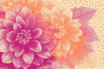 artistic floral pattern with dahlia flowers and dot elements in shades of pink and orange