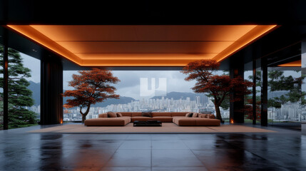 Modern living room with large windows offering stunning city views.