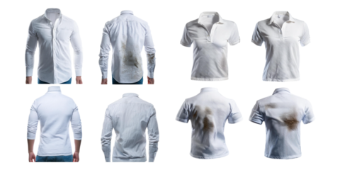 realistic white shirts, clean and dirty, set collection, mega bundle, isolated on transparent background