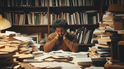 A professional looking stressed at their desk, surrounded by piles of paperwork and documents.