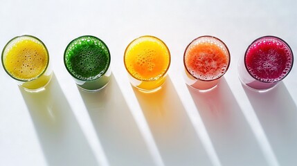   A row of multicolored glasses arrayed on a white table beside one another