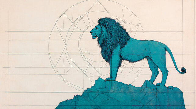 A majestic blue lion stands tall on a rocky outcrop, surrounded by geometric lines.