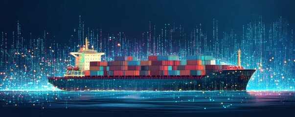 Obraz premium Oil tanker on a blue digital hi tech futuristic background with 3D rendered imagery. A metaphor for global logistics tracking. AI VR holograms.