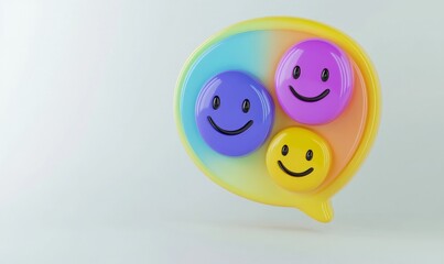 An emoji emoticon set in a speech bubble with sad and happy moods, product evaluation, an increase in rating, and customer satisfaction as well as highest-rated products and services.