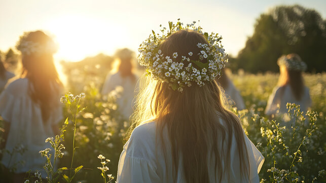 Joyful Midsummer Revelry: Dancing in Swedish Meadows with Flower Crowns