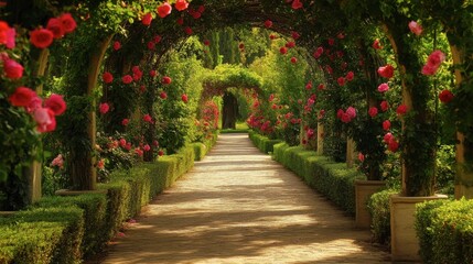 A romantic garden path lined with rose bushes on either side, leading to a stone archway.