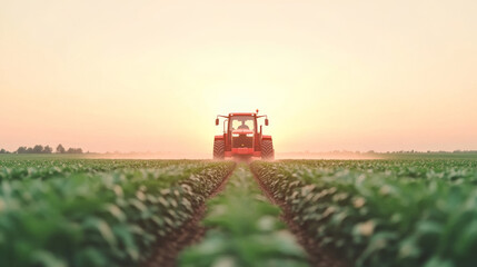Fototapeta premium A red tractor drives through a field of crops at sunset.