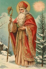 Fototapeta premium A vintage Christmas card featuring Saint Nicholas in traditional bishop attire, holding a staff, with a snowy landscape and evergreen trees in the background, evoking nostalgic holiday charm