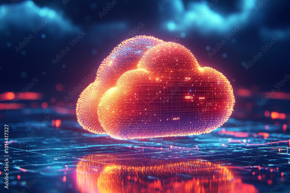 Poster defining the concept of cloud computing using a large, prominent cloud icon with internal connection