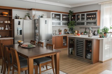 Fototapeta premium Modern kitchen with large granite countertop island, wooden floor, white backsplash, stainless steel refrigerator, wine cooler, wooden dining table with six chairs. Well-lit kitchen with natural from