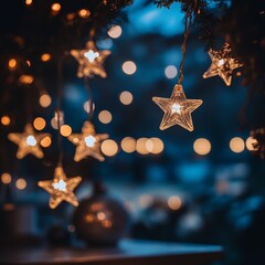Christmas star string lights glowing with festive bokeh in blue night sky
