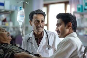 Doctor in white coat consults with two patients in hospital room. Seated, wearing stethoscope, attentive to concerns. Patients, one in striped shirt, other in white, serious about medical issues.