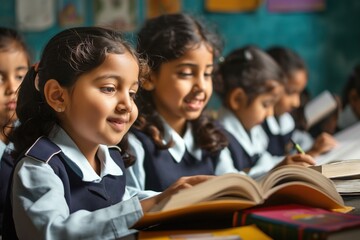 Group of Asian children in uniform studying hard from books in metropolitan private school classroom. Children reading actively in studious atmosphere. Asian kids in classroom with blue wall,