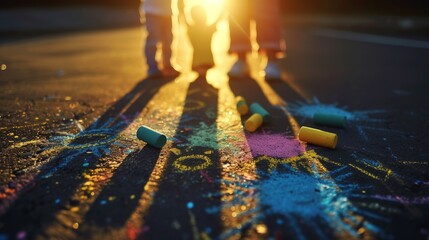 A family enjoys drawing with chalk on the street as the sun sets, casting long shadows. The warm lighting emphasizes the joyful moment of bonding and outdoor fun.