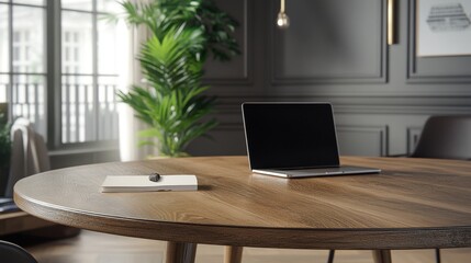 Fototapeta premium A round, wooden table in a modern home office, with a laptop, a notepad, and a plant in the background.