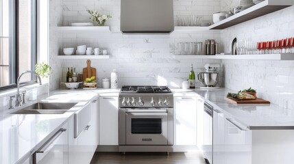 A modern kitchen with white cabinets, marble countertops, and a stainless steel oven. The kitchen features multiple shelves that hold various kitchenware and food items.