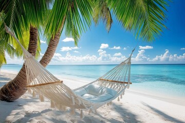 A white hammock is hanging between two palm trees on a beach. The hammock is empty and the beach is calm and peaceful