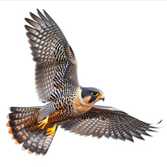 Peregrine Falcon in flight, isolated against a white background. The falcon's wings are fully extended, showcasing its distinctive feathers and sharp yellow talons