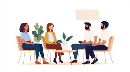 Fototapeta premium A diverse group is seated in a counseling session, with one person deep in thought, appearing withdrawn, while the others lean forward, offering their support. The therapist gently