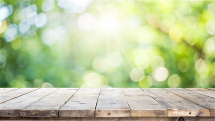 Empty wooden table in front of a blurred sunny bokeh background, ideal for showcasing your product,An empty wooden table with a blurred sunny bokeh background, providing space for your product present